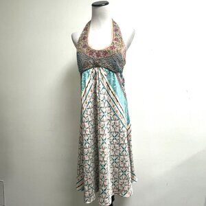 Nicole Miller party dress turquoise beaded sleeveless halter backless silk 8